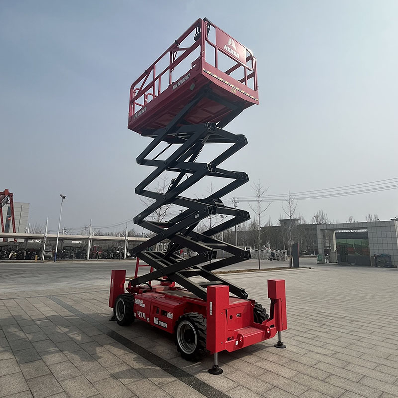 Red HERED HS1218ERT rough-terrain scissor lift with the platform raised
